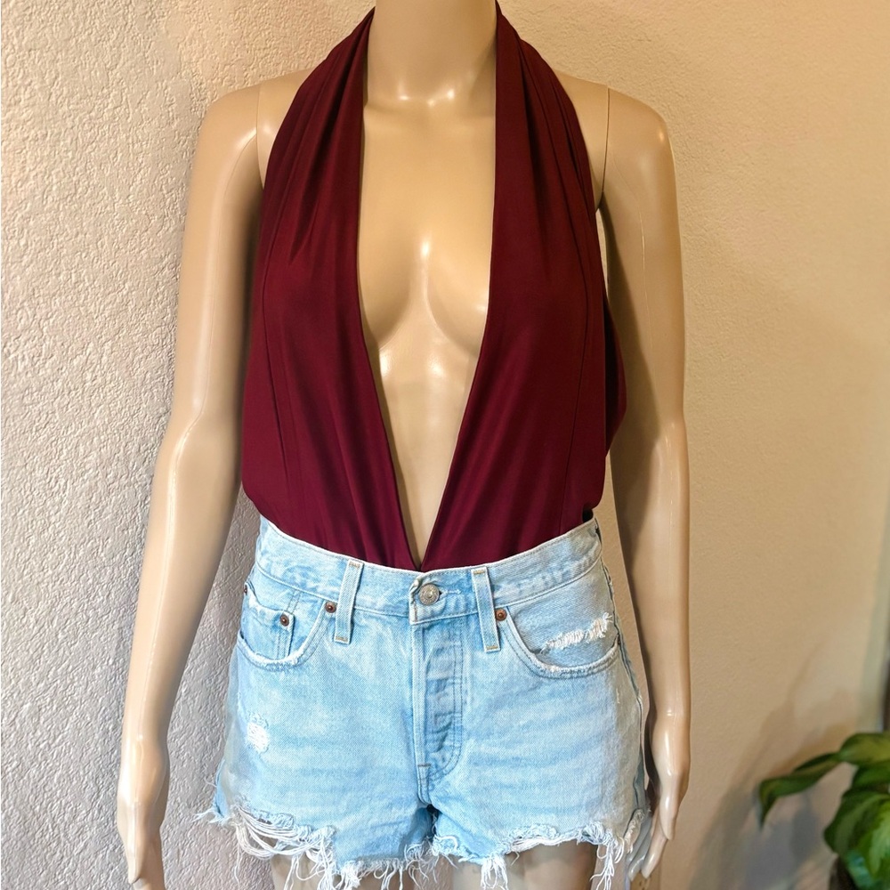 TOBI Burgundy Deep V-Neck Halter Style Bodysuit w/ Open Back